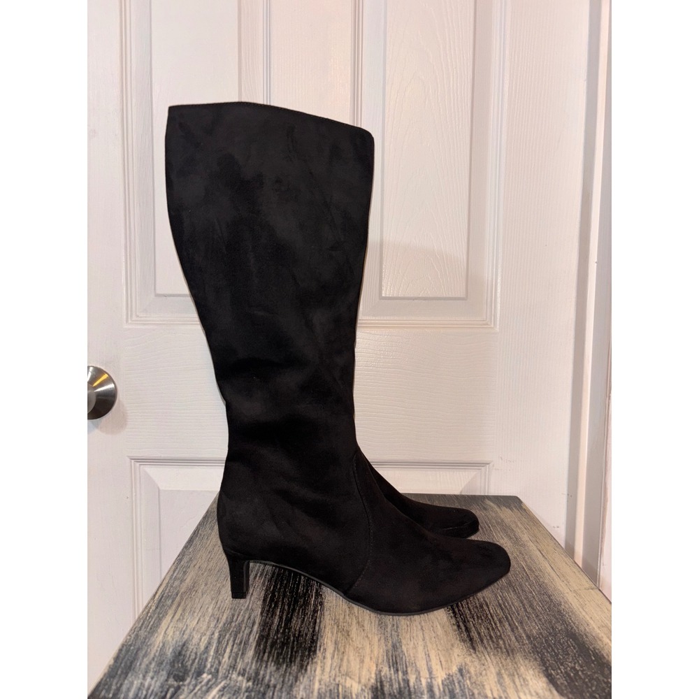 Mysoft Black Faux Suede Knee High Boots Pointed Toe Kitten Heel Size 7.5